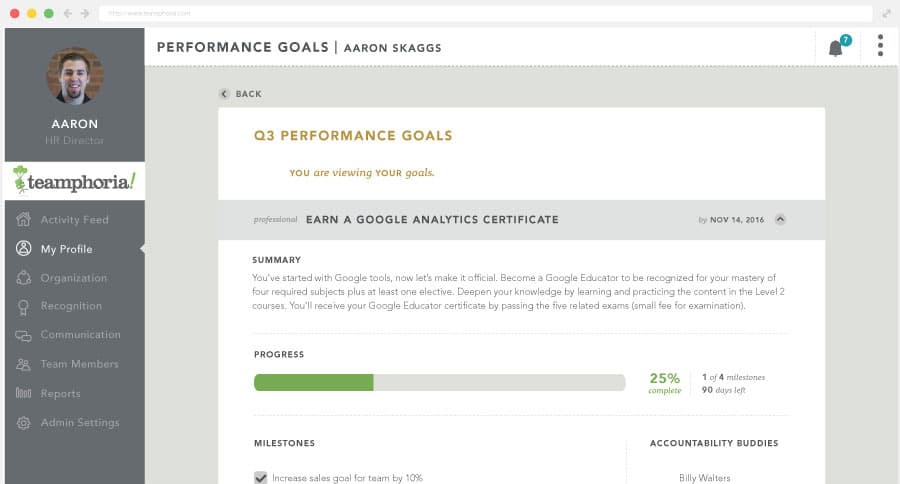 Goal tracking and employee performance management in Teamphoria