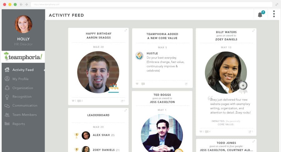 Employee recognition feed in Teamphoria engagement platform