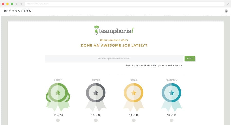 Employee recognition award being given in Teamphoria platform