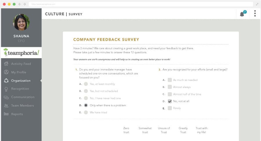 Teamphoria culture survey interface