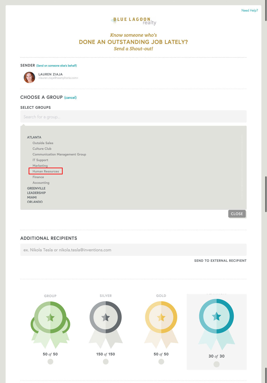 selecting human resources group to send employee recognition to