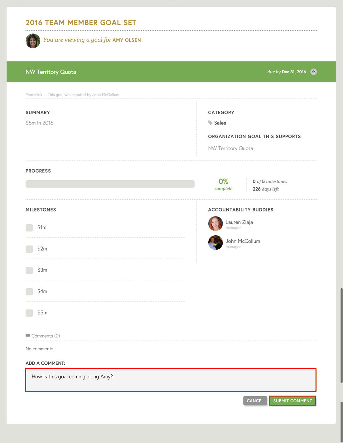 commenting on a goal through employee communication