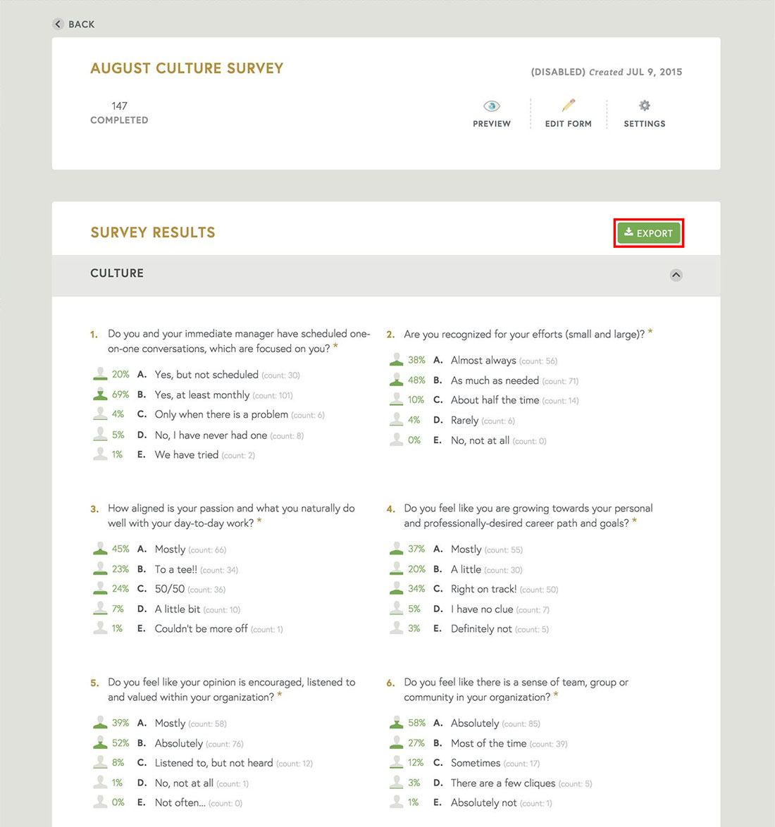 export results to measure culture using our free culture survey