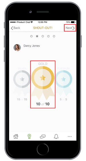 selecting which level of employee recognition to send on employee engagement mobile app