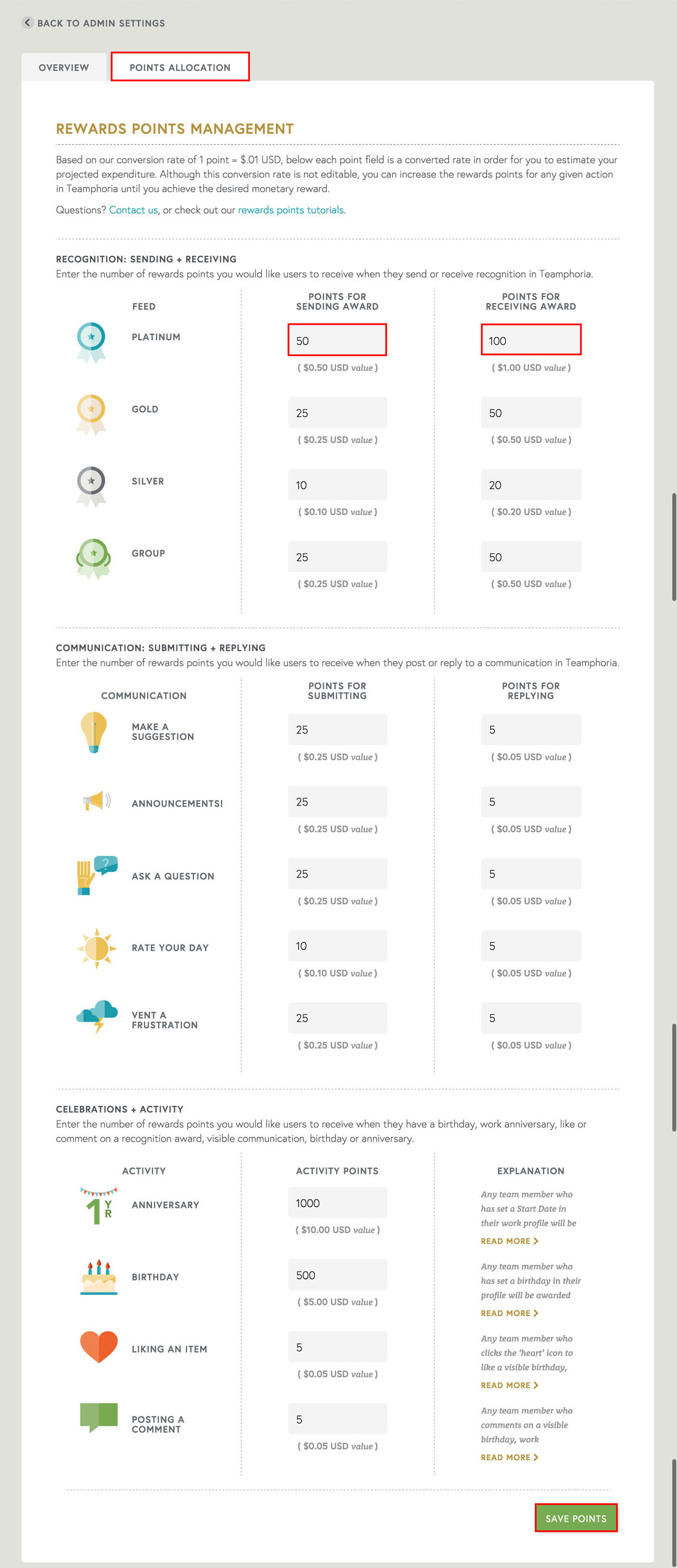 assign points for employee recognition and employee communication