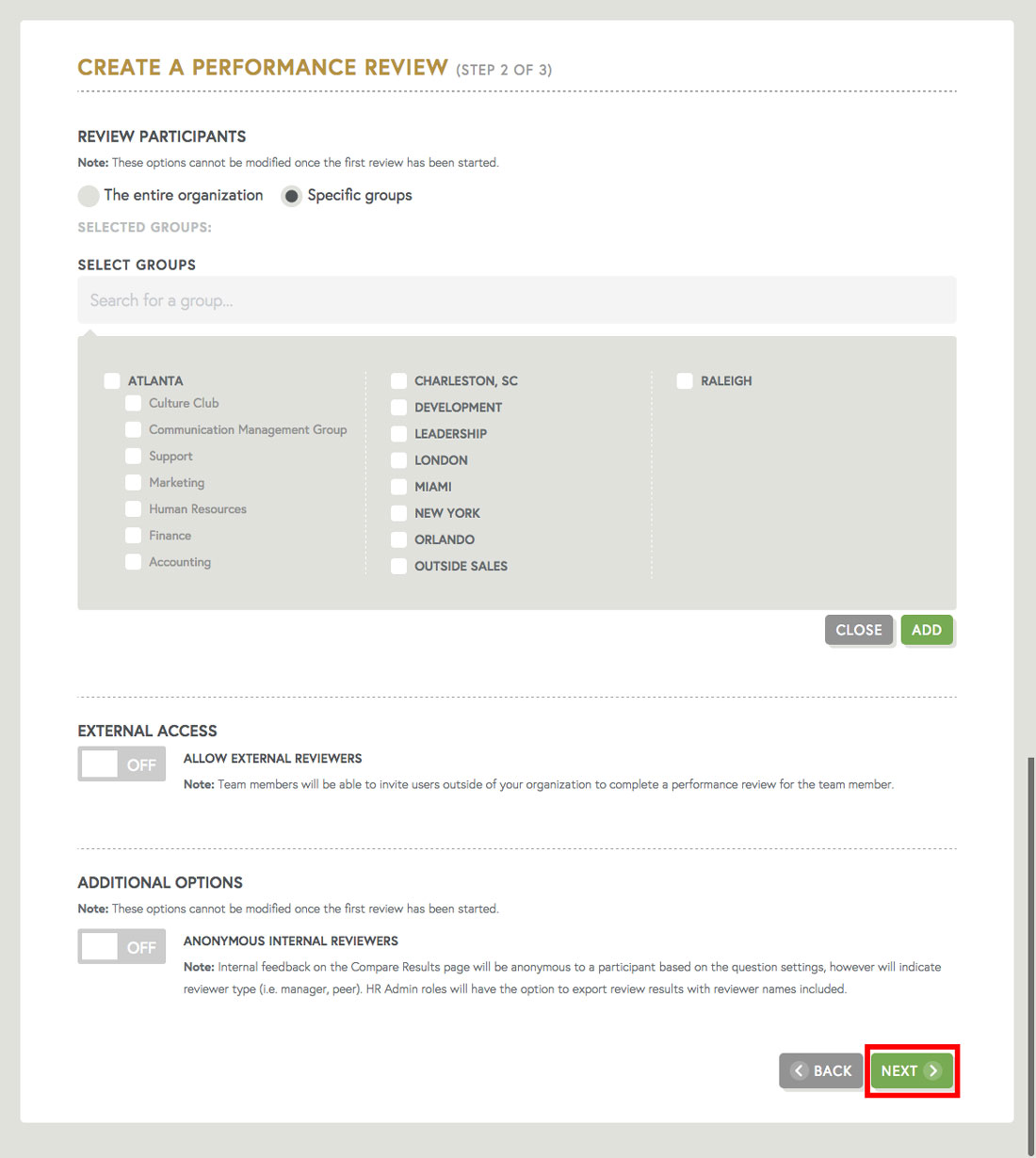 choosing groups for employee review template on free performance management software