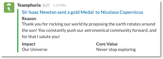 employee recognition appears on slack integration channel