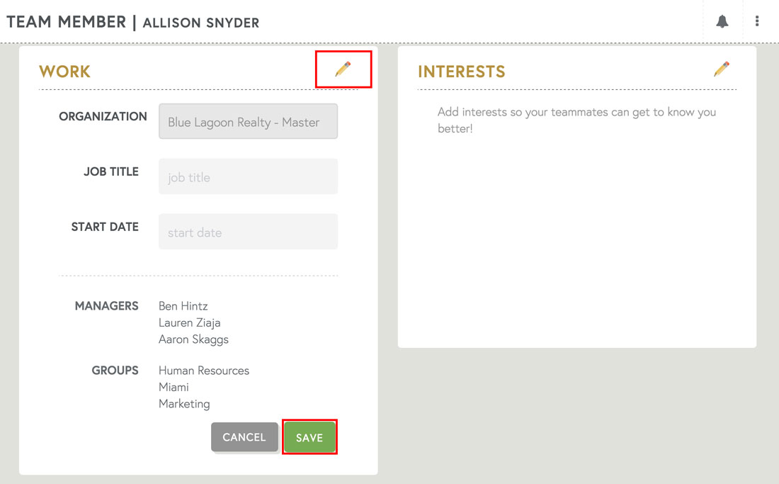 adding manager, job title, start dates, and employee communication groups on employee profile