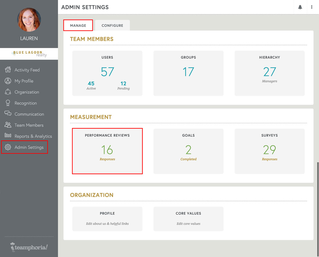 performance management admin settings view for employee reviews
