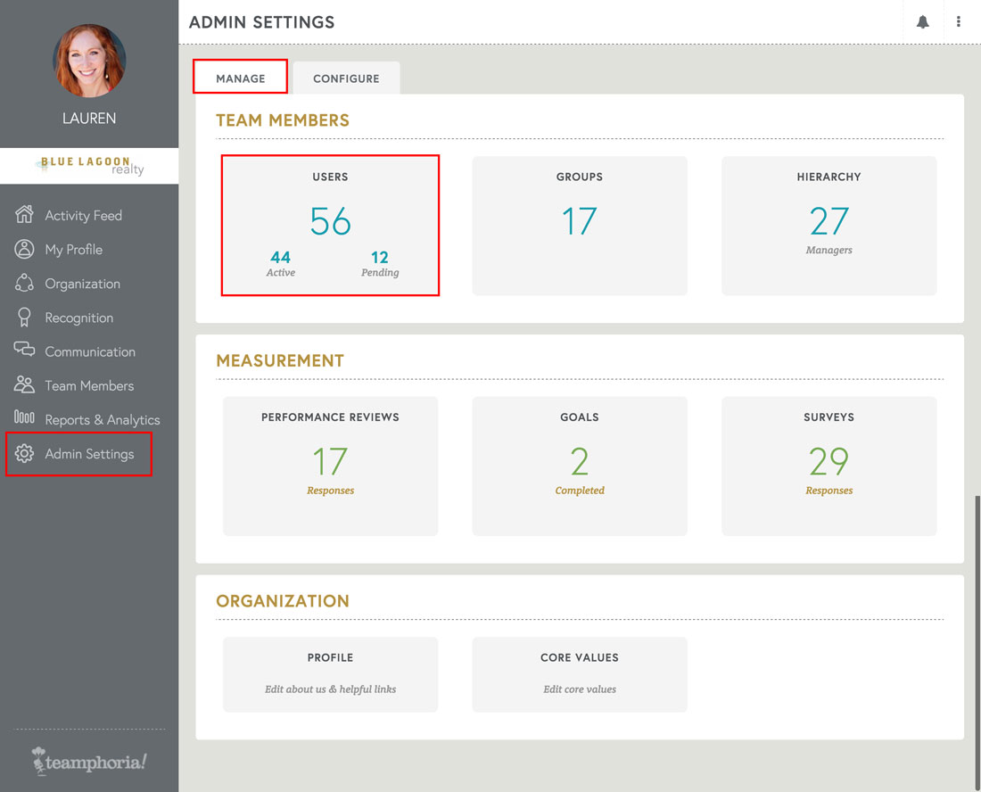 employee engagement platform admin settings page
