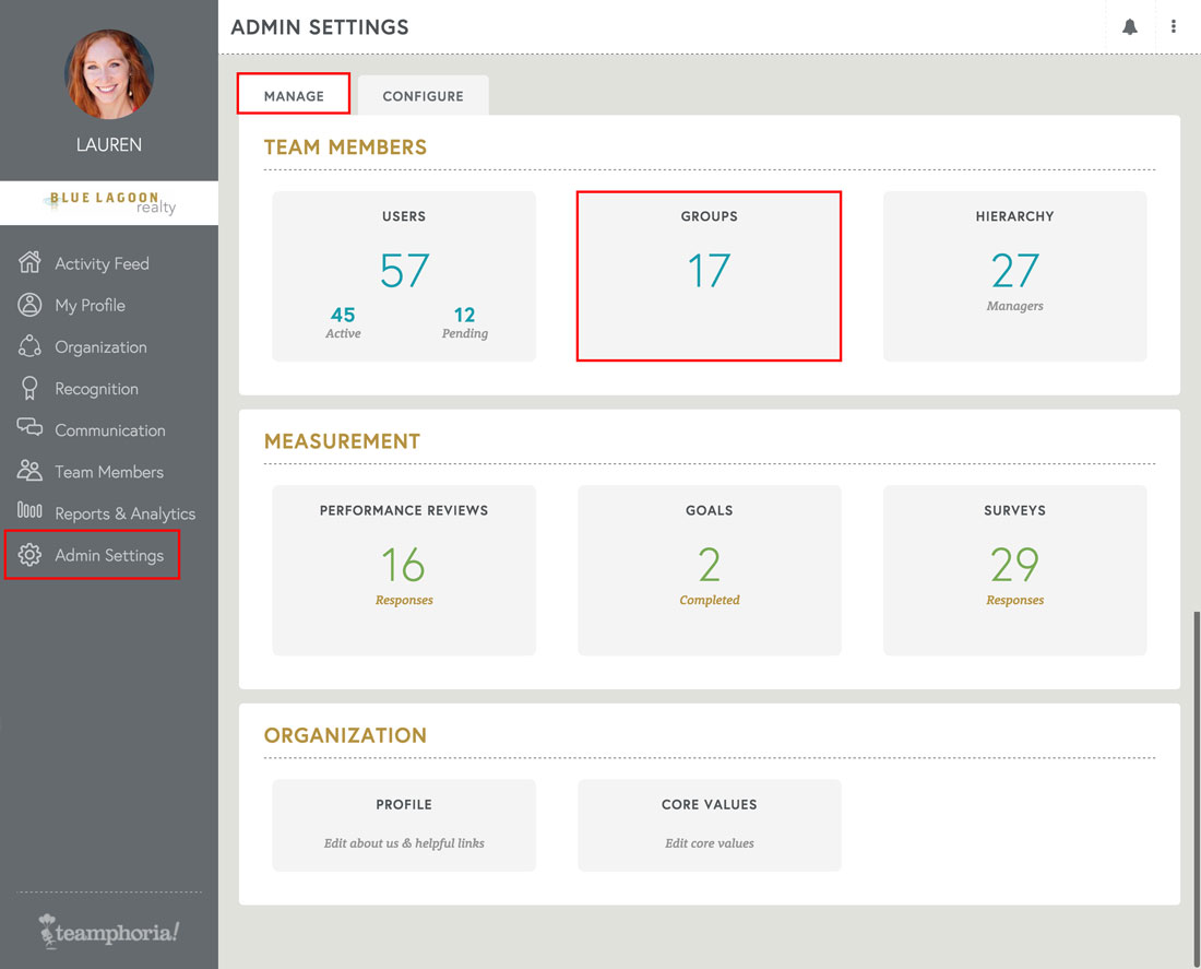 employee recognition software admin settings page