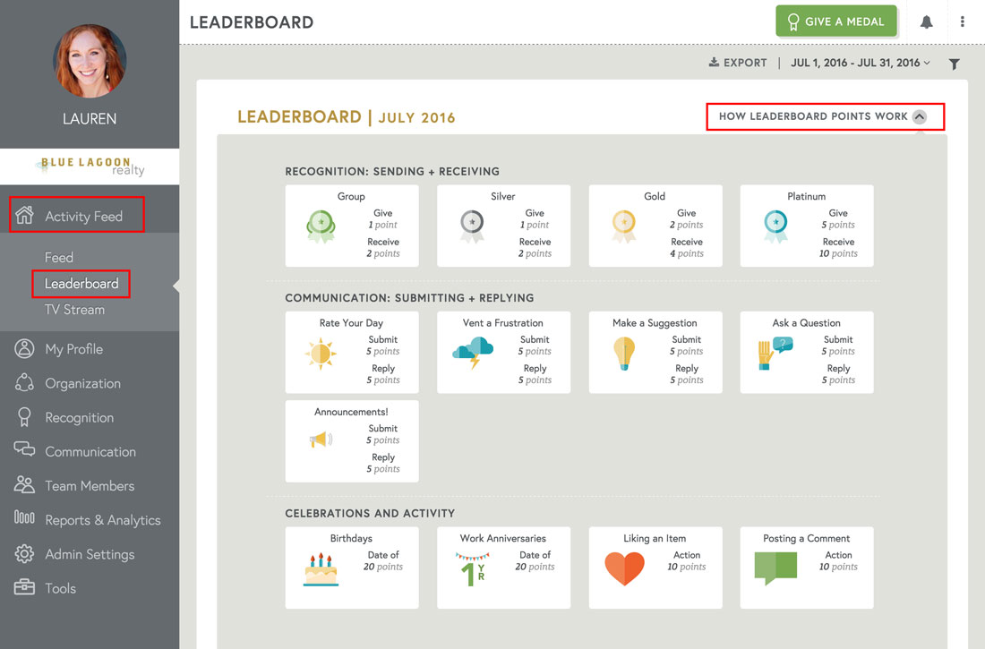 employee view of leaderboard points on employee recognition spftware